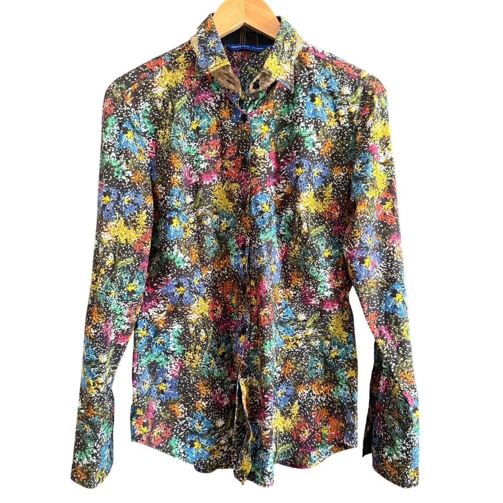 GEORG ROTH Abstract Black printed Shirt with Sequin Collar contrast cuffs Small